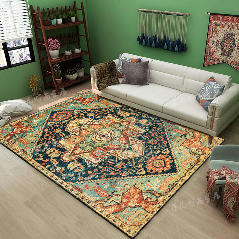 美式民族风客厅茶几地毯抽象复古家用毯摩洛哥风格卧室床边地垫