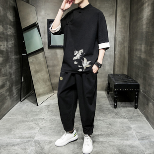 中国风棉麻睡衣男夏季短袖长裤亚麻居家服套装汉服唐装禅服可外穿