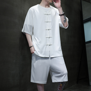 新中式唐装男夏季冰丝睡衣套装短袖宽松家居服两件套大码凉感透气