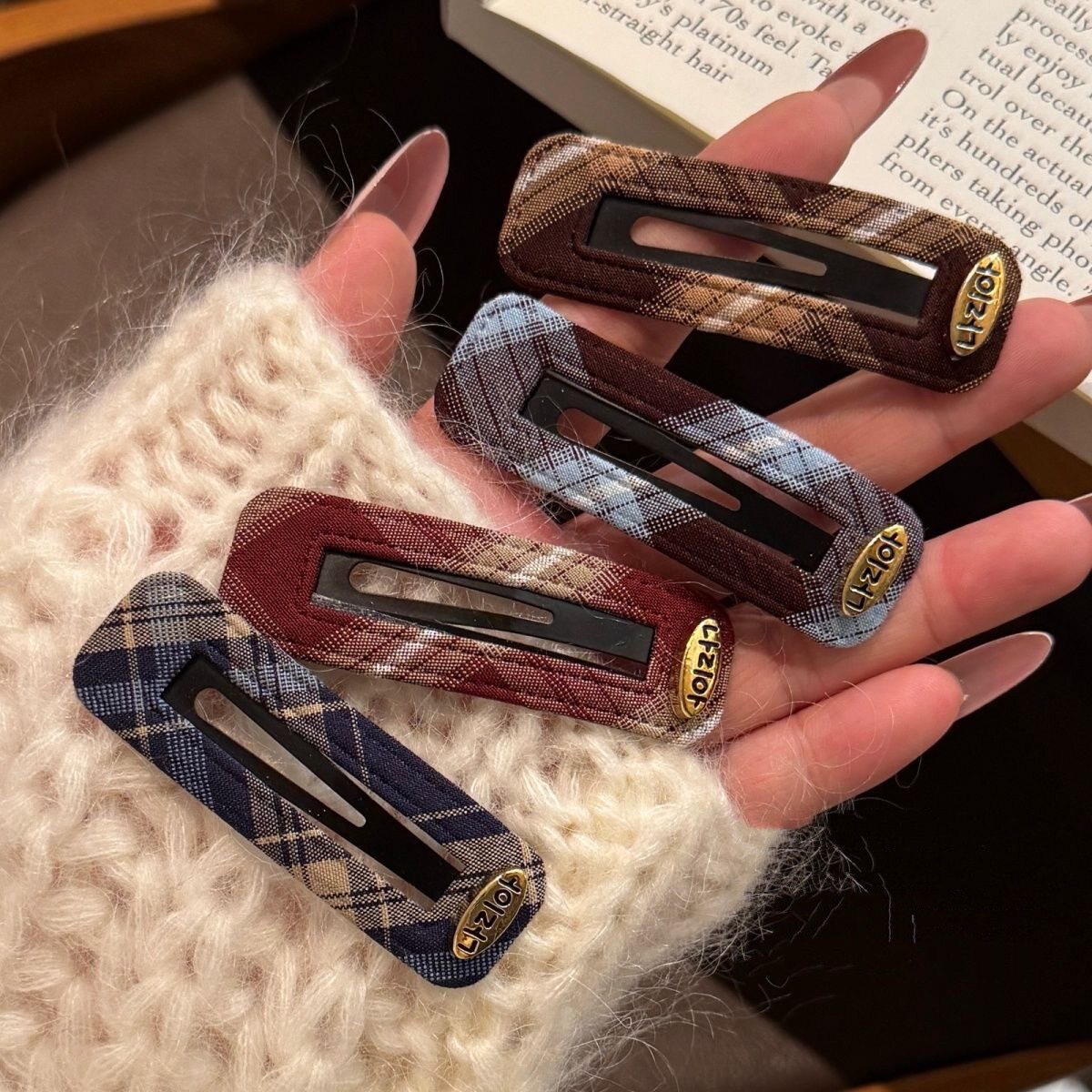 咖色格纹BB夹复古刘海夹棕色女士甜美格纹方形边夹女装饰发夹头饰