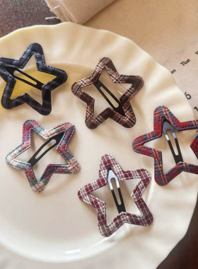 韩系风格五角星发夹女格纹布艺边夹甜美可爱发饰头饰复古刘海夹星