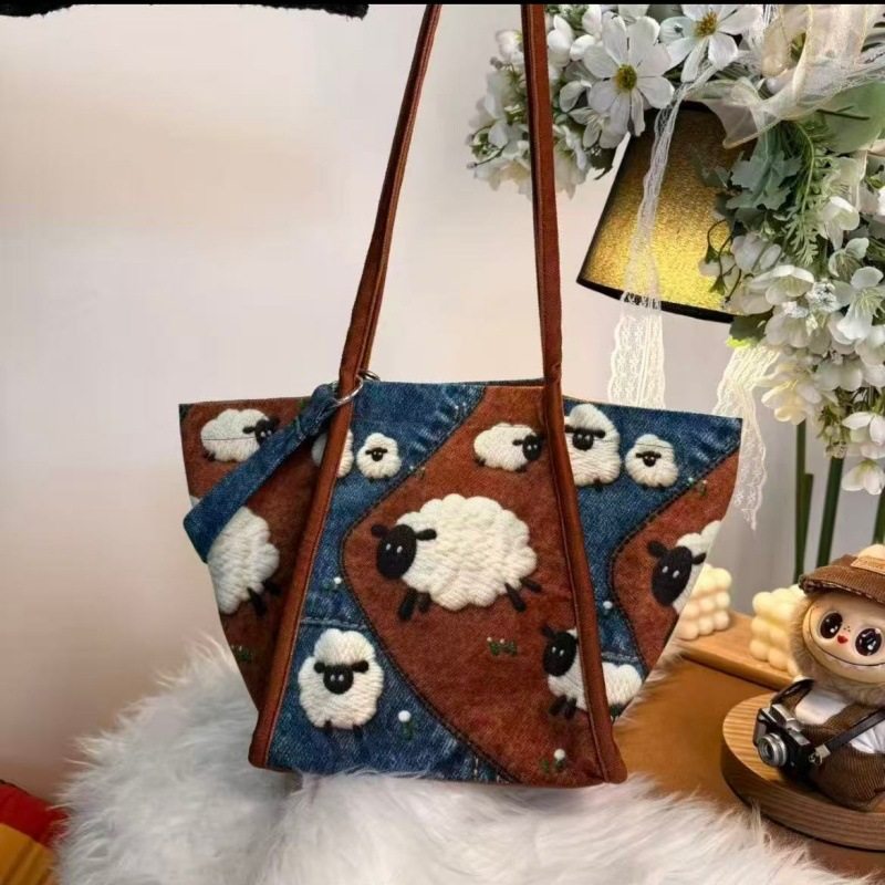 2026新款可爱卡通刺绣牛仔羊羔毛手提包百搭洋气单肩包女学生韩版