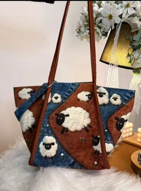 2026新款可爱卡通刺绣牛仔羊羔毛手提包百搭洋气单肩包女学生韩版