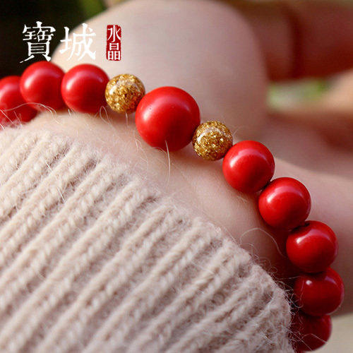 天然朱砂金箔佛珠手串 甜美中国风单圈手链 送女友闺蜜生日礼物