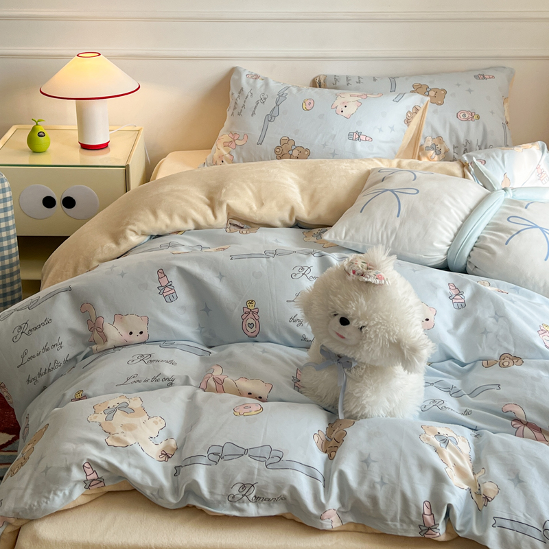 ins风A面纯棉B面牛奶绒四件套