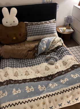 晚安猫费尔岛修狗四件套咖色美拉德风牛奶绒床单被套宿舍三件套
