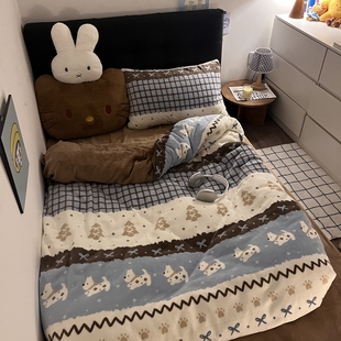 晚安猫费尔岛修狗四件套咖色美拉德风牛奶绒床单被套宿舍三件套