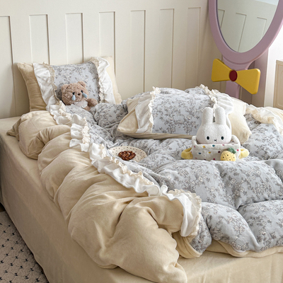 可爱牛奶绒双层花边四件套