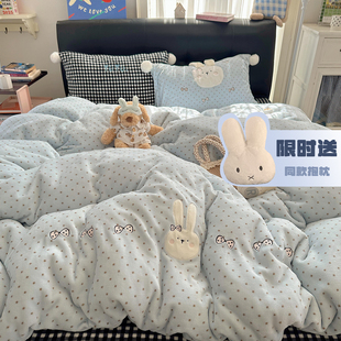 晚安猫卡通贴布绣牛奶绒毛球款四件套小动物宿舍三件套床单床品