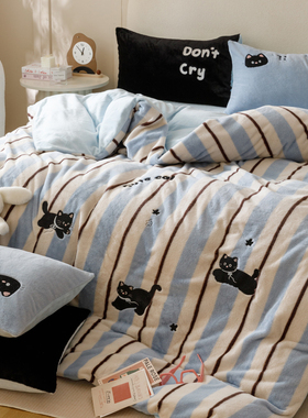 晚安猫ins卡通兔兔绒四件套牛奶绒条纹被套宿舍三件套床单床品