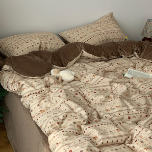 晚安猫ins全棉双层纱加牛奶绒四件套纯棉纱布学生三件套床单床品