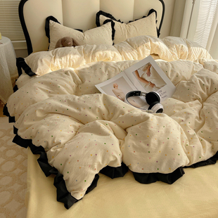 晚安猫少女心双层纱花边款四件套学生宿舍被套床单三件套床品