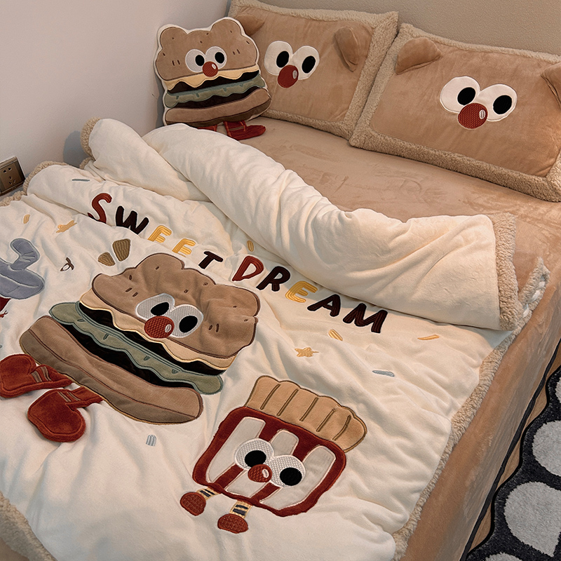 晚安猫卡通可爱汉堡牛奶绒四件套冬季宿舍三件套床单被套床笠床品