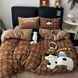 晚安猫卡通苹果熊高克重牛奶绒四件套加厚被套宿舍三件套床单床品