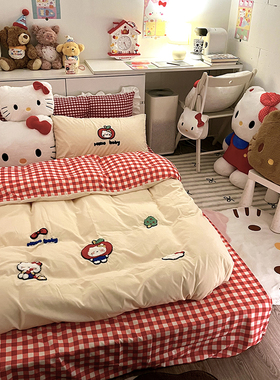晚安猫ins可爱猫咪水洗棉四件套少女心毛巾绣宿舍三件套床单床品