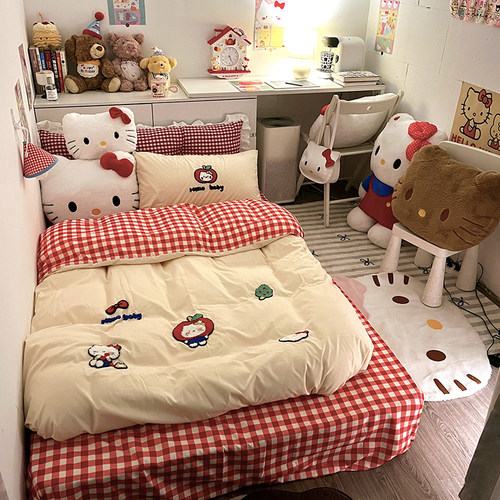 中古红格kt猫猫水洗棉四件套