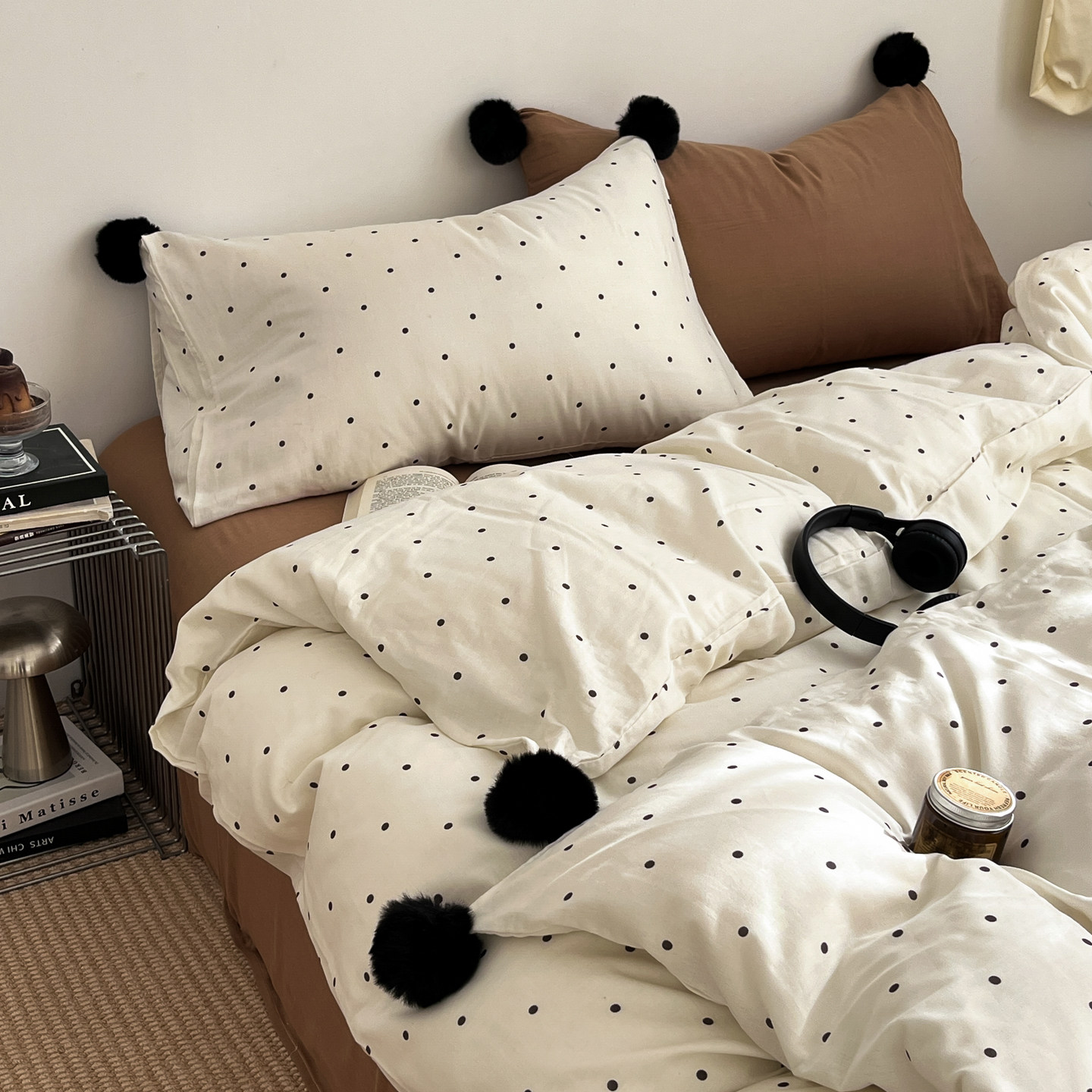 晚安猫ins混搭球球波点双层纱全棉四件套少女风纯棉宿舍三件套