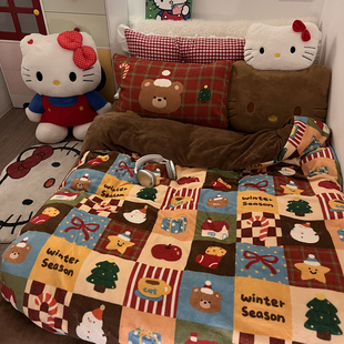晚安猫新年限定极繁拼布牛奶绒四件套秋冬卡通被套床单三件套床品