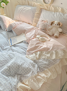 晚安猫ins仙女花边裸睡水洗棉四件套格子亲肤宿舍三件套床单床品