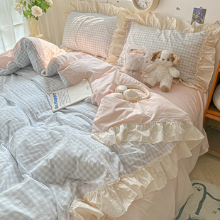 晚安猫ins仙女花边裸睡水洗棉四件套格子亲肤宿舍三件套床单床品