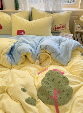 晚安猫红条纹可爱小狗毛巾绣四件套水洗棉被套宿舍三件套床单床品