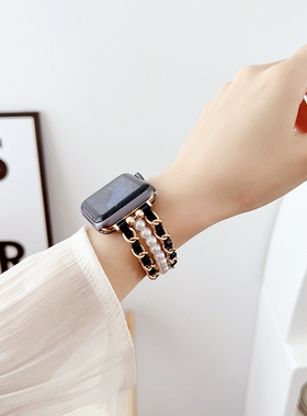 表带适用iWatch9法式小香风珍珠链条苹果手表带applewatch876se女