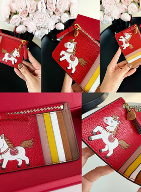 2026红色本命马年钱包牛皮女士多卡位tb卡通小马拉链卡包零钱包女