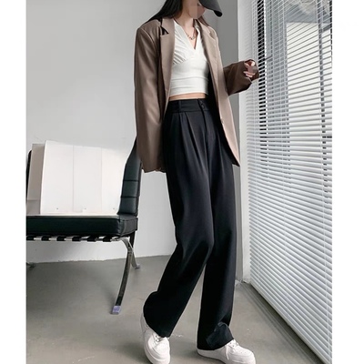 黑色高腰西装阔腿裤女2023春秋新款高级垂感小个子窄版直筒休闲裤