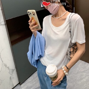 亲肤光泽大圆领T恤短袖 女简约宽松显瘦瑜伽舞蹈T恤 光版 T恤中袖
