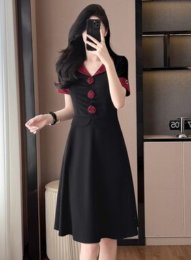 气质拼色假两件套大码女装胖妈妈装短袖连衣裙修身显瘦夏季新款