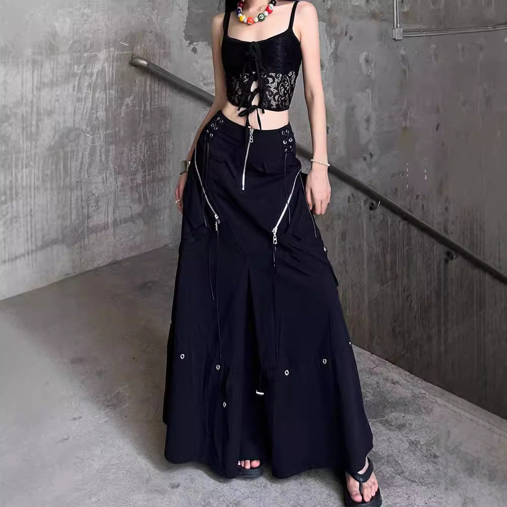欧美复古水洗黑色廓形工装裙子女2024夏季薄款设计感机能辣妹长裙