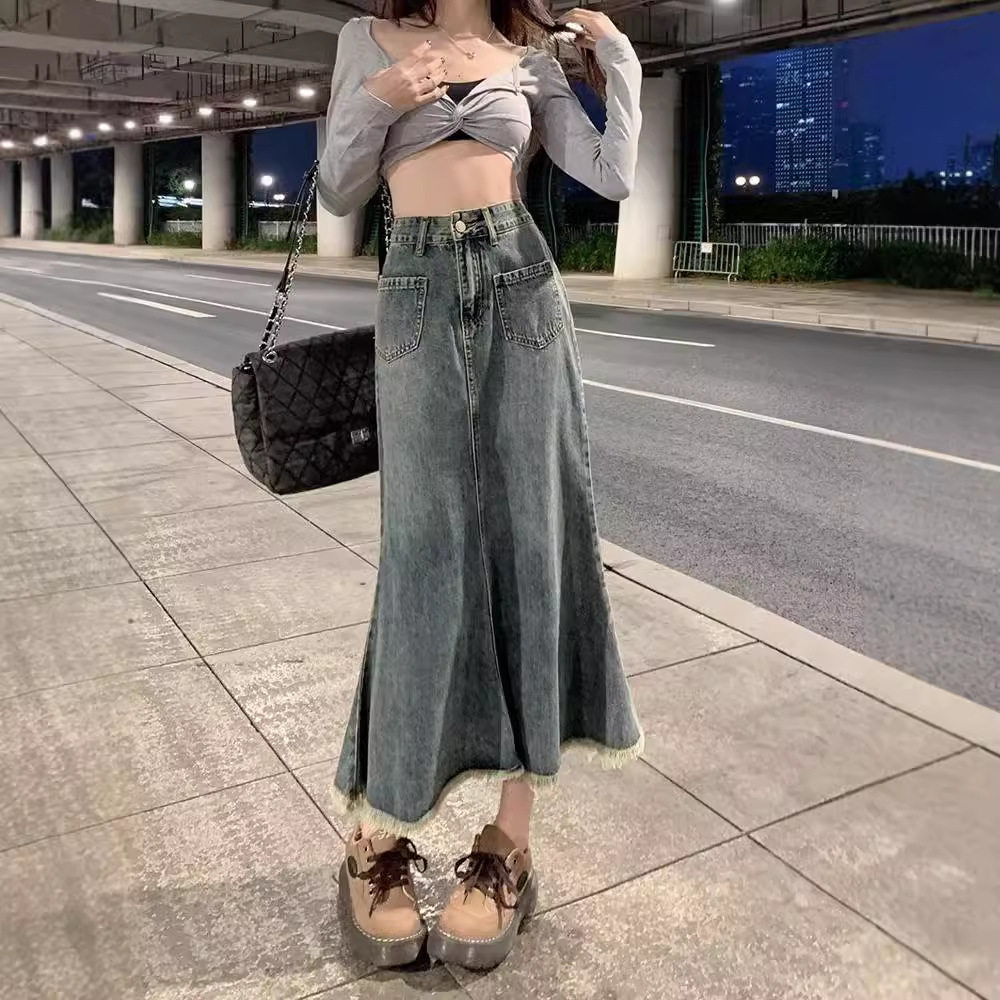 复古牛仔半身裙女2025春秋季新款高腰小个子显瘦毛边中长款鱼尾裙