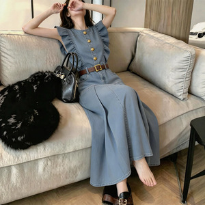 韩系优雅轻熟风减龄收腰圆领连衣裙女荷叶边拼接无袖牛仔中长裙子