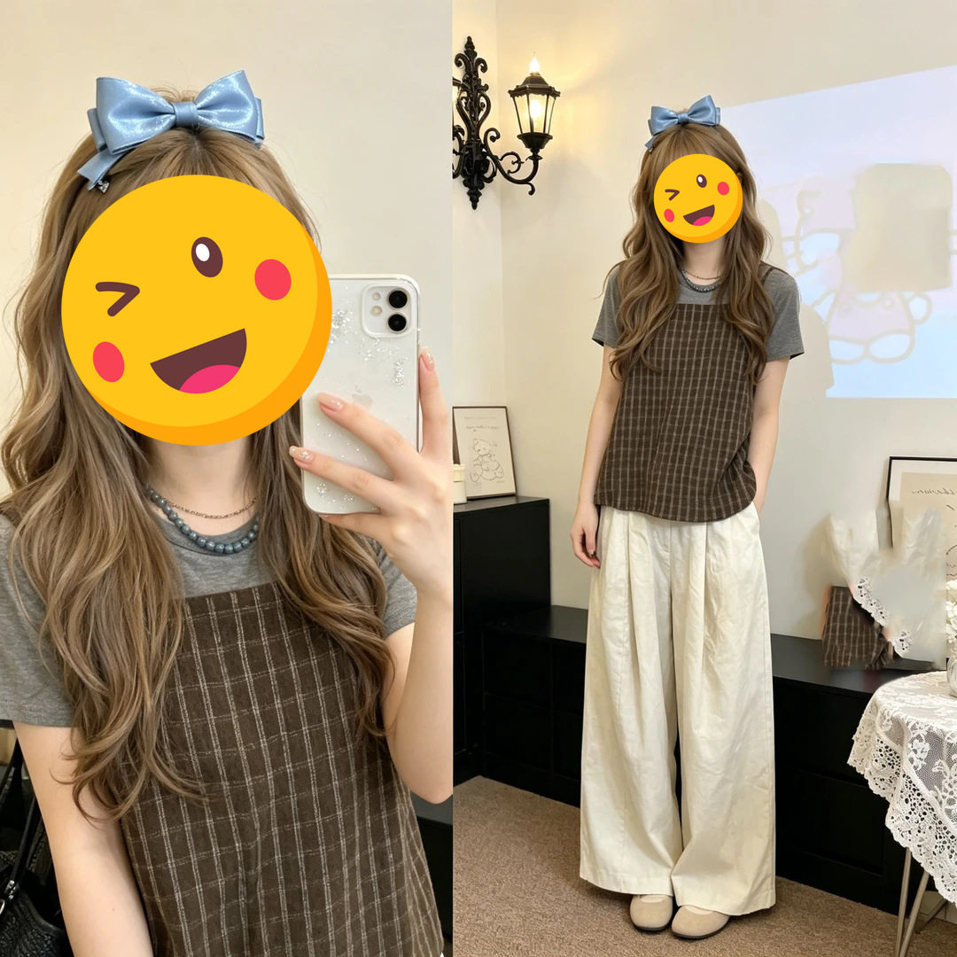流行遮胯显瘦三件套韩版宽松灰色短袖T恤格纹吊带高腰遮胯阔腿裤