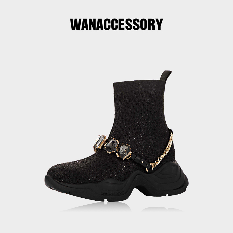 wanaccessory万蔻2021新款女鞋可换饰品三色时尚带钻袜靴原创设计