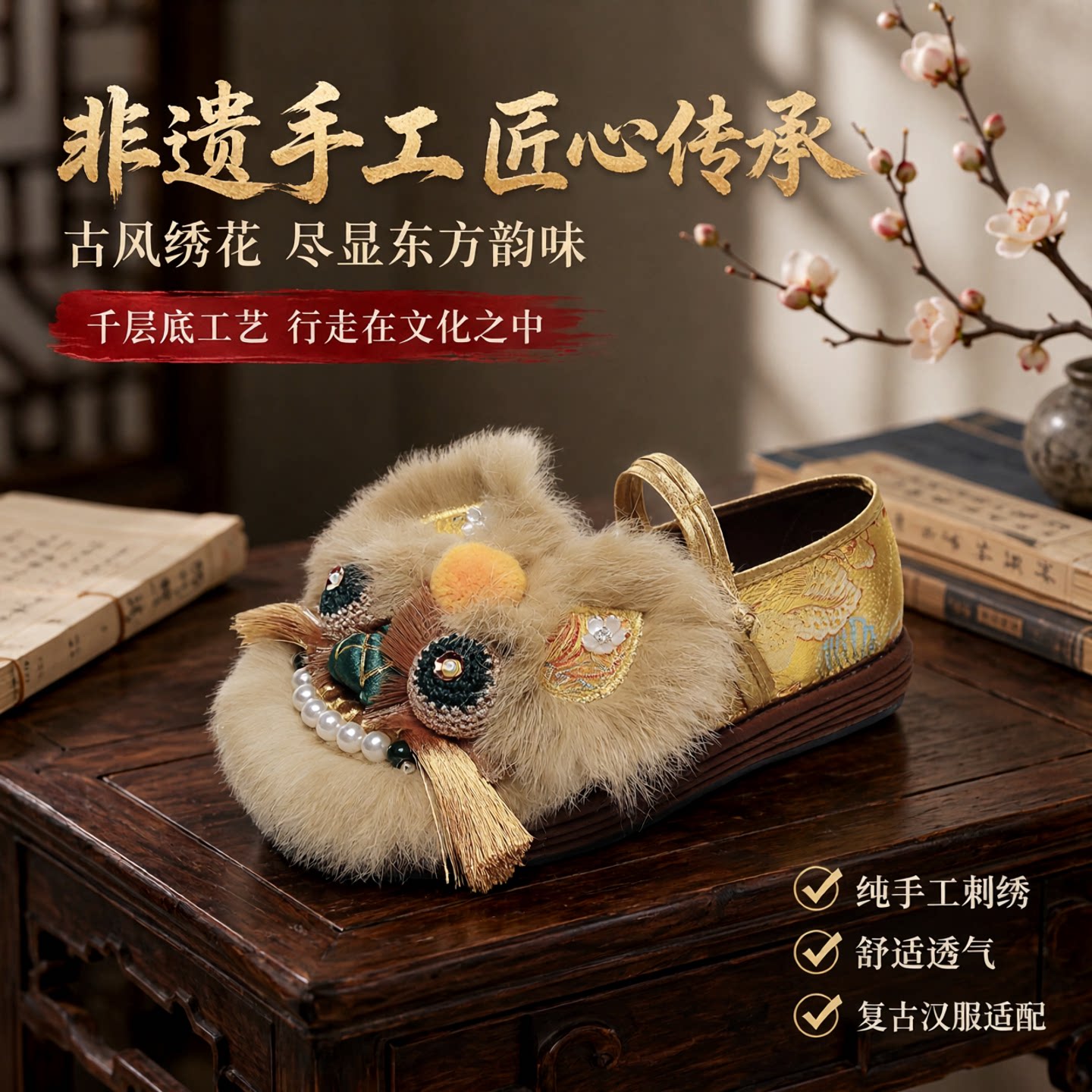 非遗手工虎头鞋古风绣花千层底布鞋女流苏复古汉服鞋民族风平底鞋