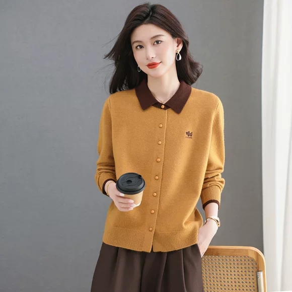 Polo领针织开衫女春秋冬欧货高级感上衣小个子短款慵懒风毛衣外套