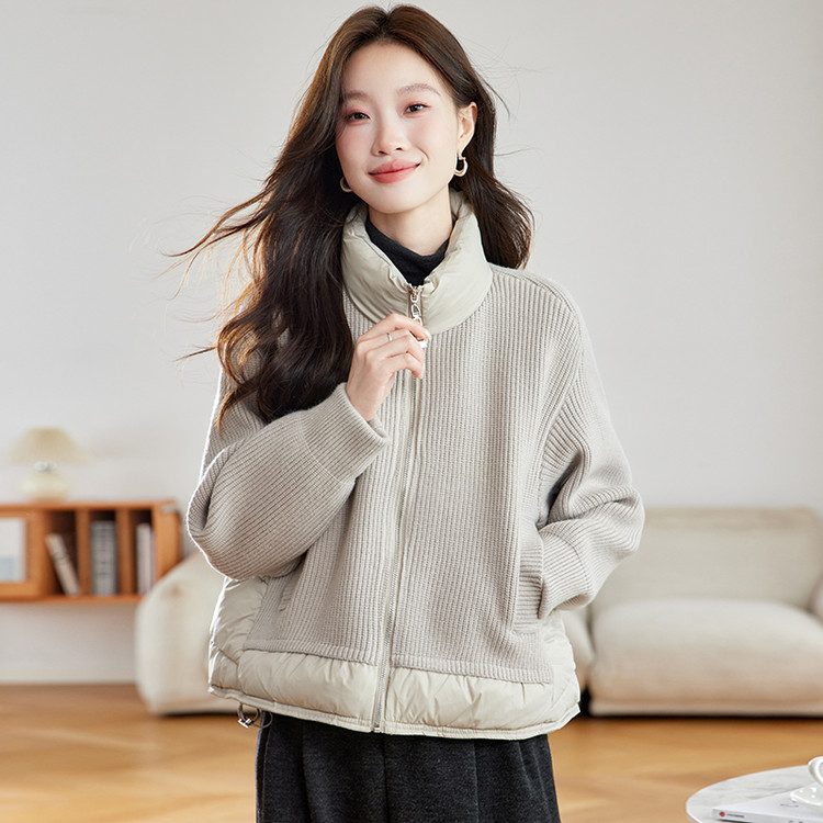 拉链立领针织拼接棉衣外套女2025冬季新款小个子短款加厚保暖棉服