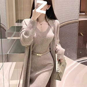 性感复古御姐毛衣套装女春冬新款简约吊带连衣裙针织开衫两件套潮