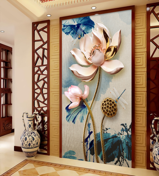 8d立体简约浮雕荷花玄关背景壁纸5d过道走廊竖版壁画无缝素雅墙纸