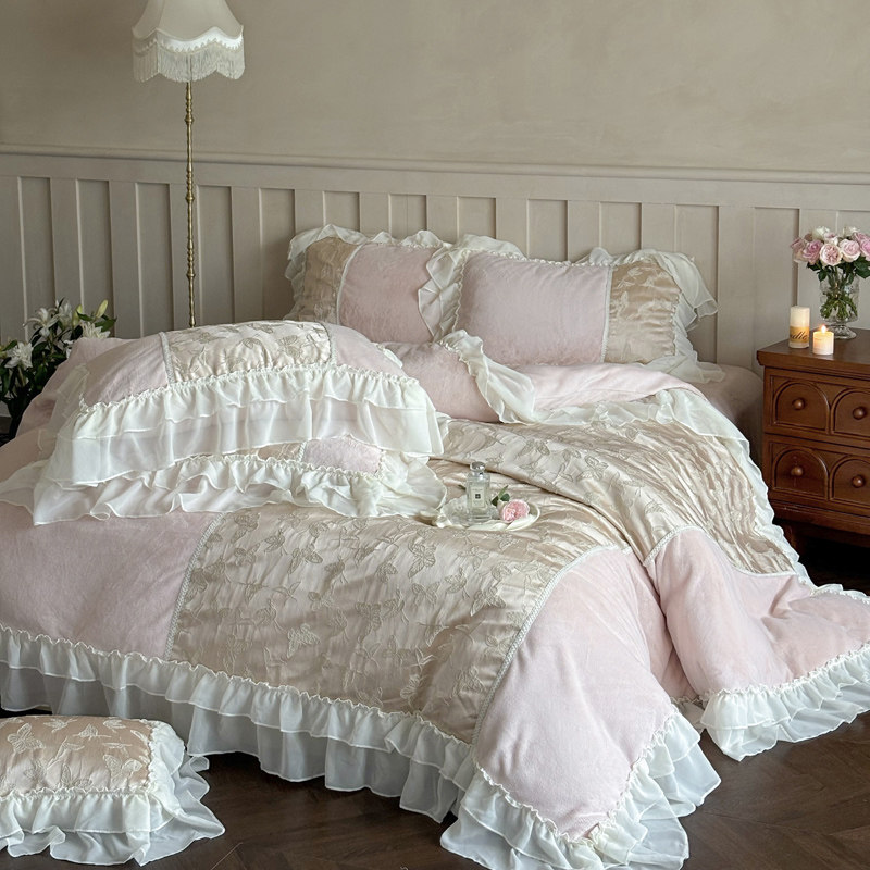 冬季法式加厚牛奶绒四件套超柔亲肤裸睡床单被套公主风床上用品