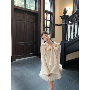 新款 镂空设计感蝴蝶结毛衣秋季 气质针织上衣 2way韩女 cchen陈陈