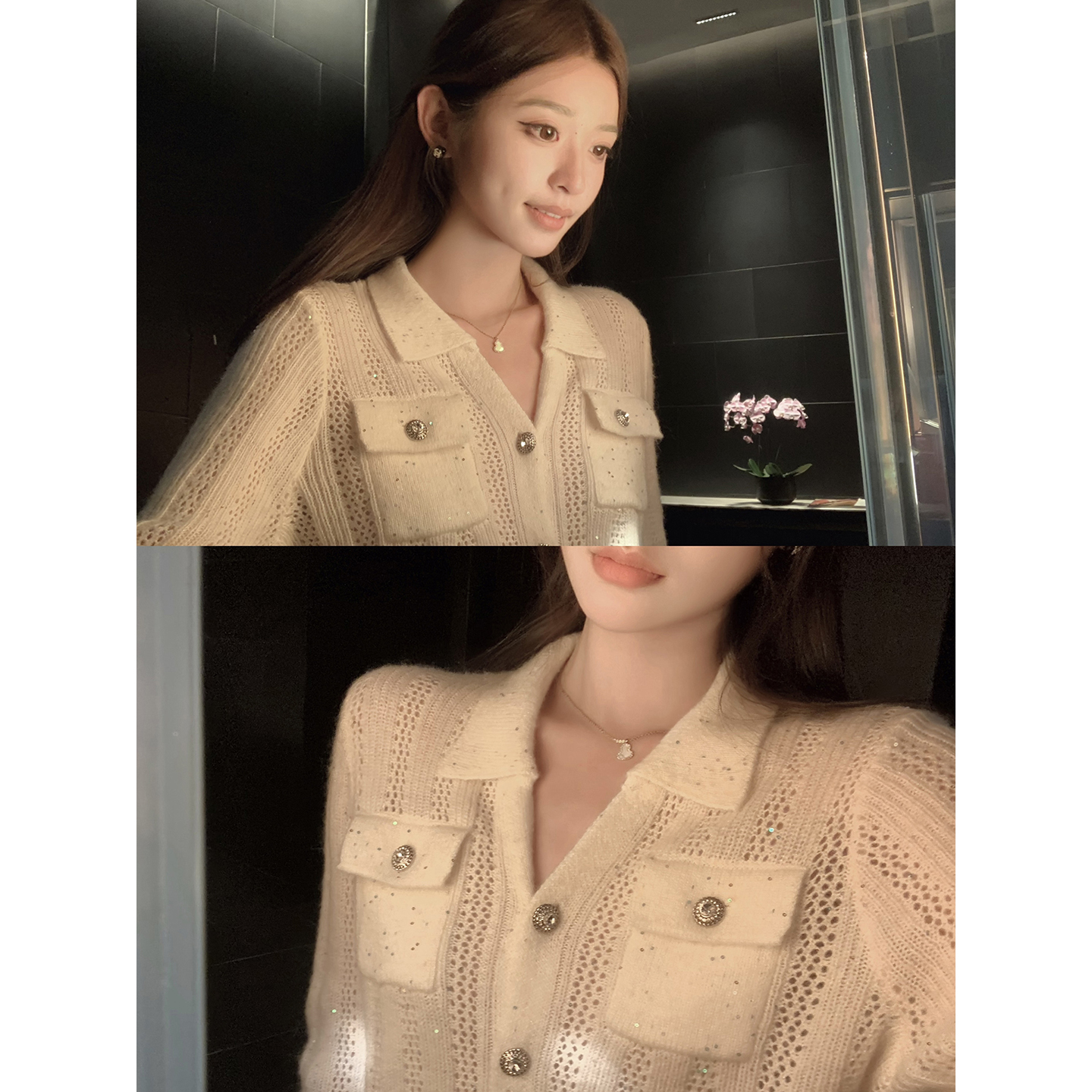 cchen陈陈-城堡里的少女 小香风针织开衫早秋毛衣POLO领长袖上衣