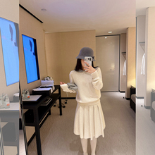 cchen陈陈-夜与法兰西 翻领针织长袖上衣菱格毛衣百褶半身裙套装