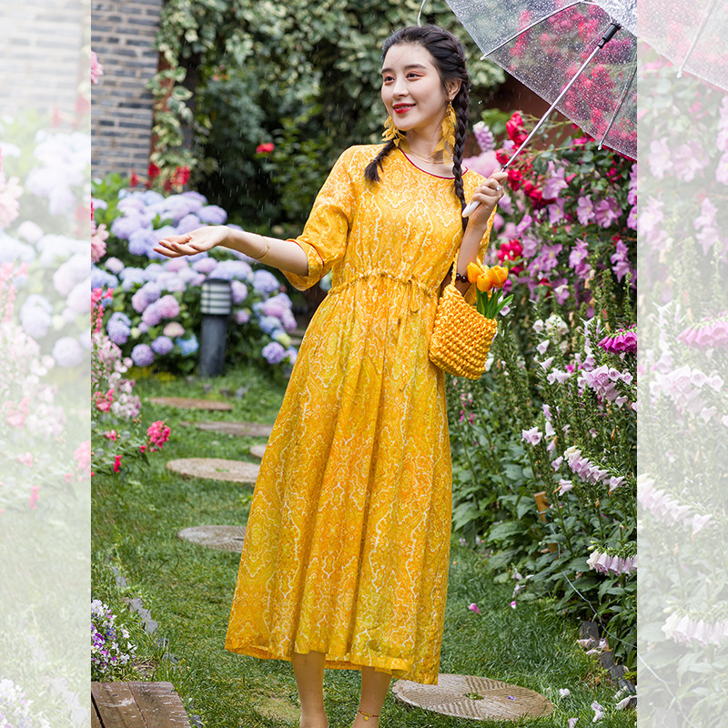 金香/冉裳原创苎麻印花夏季知性超仙气泫雅风连衣裙蛋黄的a长裙女,女装/女士精品,连衣裙,淘宝优惠券,粉丝福利购,淘宝优惠卷