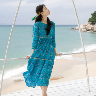 连衣裙苎麻裙子春夏气质超仙女系带碎花蓝色长裙 2024新品 新款 女装