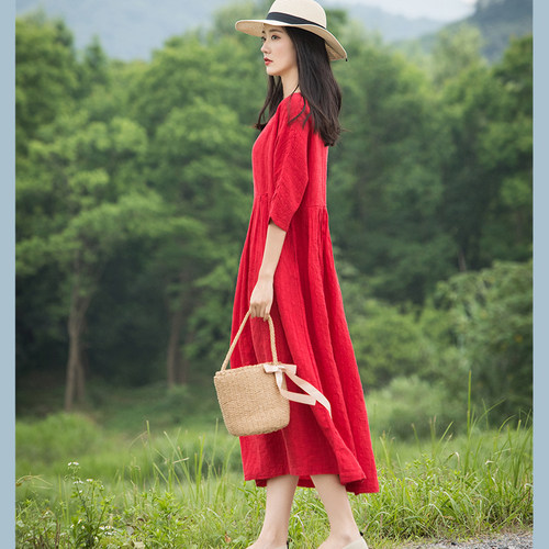 冉裳原创宽松文艺苎麻纯红色长裙