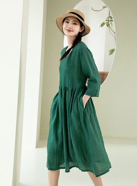 冉裳新别致原创抽褶苎麻显瘦显白夏装连衣裙文艺棉麻女装绿色裙子