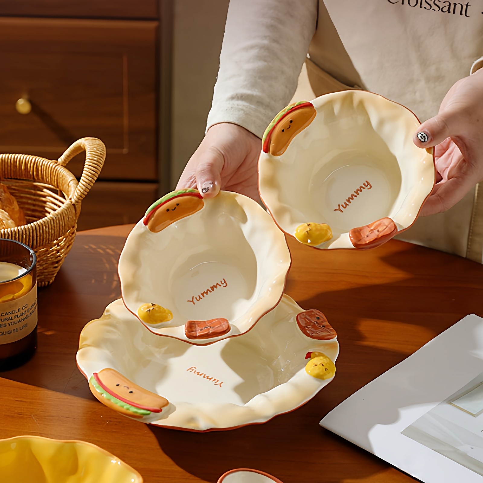 浮雕米饭碗釉下彩深盘可爱陶瓷沙拉碗高颜值家用餐具早餐碗盘套装,餐饮具,碗,淘宝优惠券,粉丝福利购,淘宝优惠卷