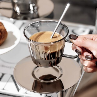 高级感玻璃咖啡杯碟套装耐热玻璃杯精致下午茶杯具牛奶带勺马克杯